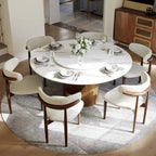 Mesa de comedor redonda moderna – Encimera de piedra sinterizada blanca y pedestal de carbono bronce