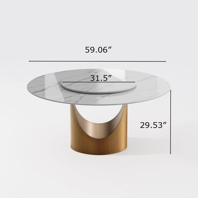 Mesa de comedor redonda moderna – Encimera de piedra sinterizada blanca y pedestal de carbono bronce