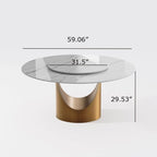 Mesa de comedor redonda moderna – Encimera de piedra sinterizada blanca y pedestal de carbono bronce