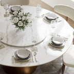 Mesa de comedor redonda moderna – Encimera de piedra sinterizada blanca y pedestal de carbono bronce