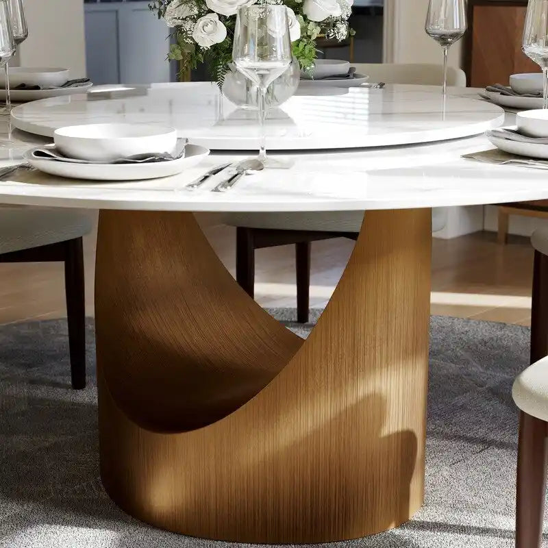 Mesa de comedor redonda moderna – Encimera de piedra sinterizada blanca y pedestal de carbono bronce
