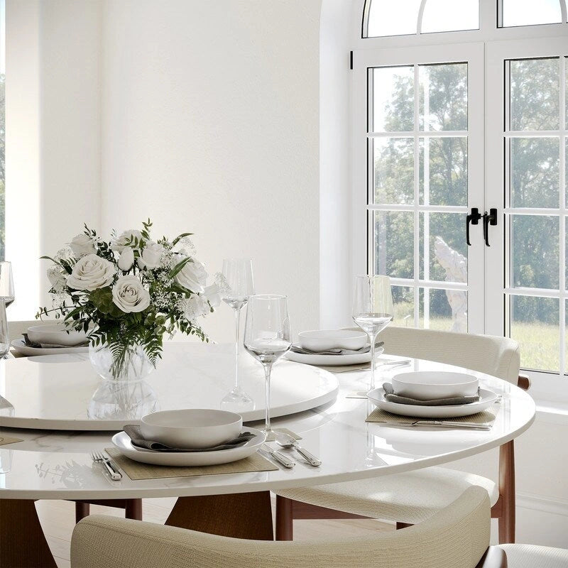Mesa de comedor redonda moderna – Encimera de piedra sinterizada blanca y pedestal de carbono bronce