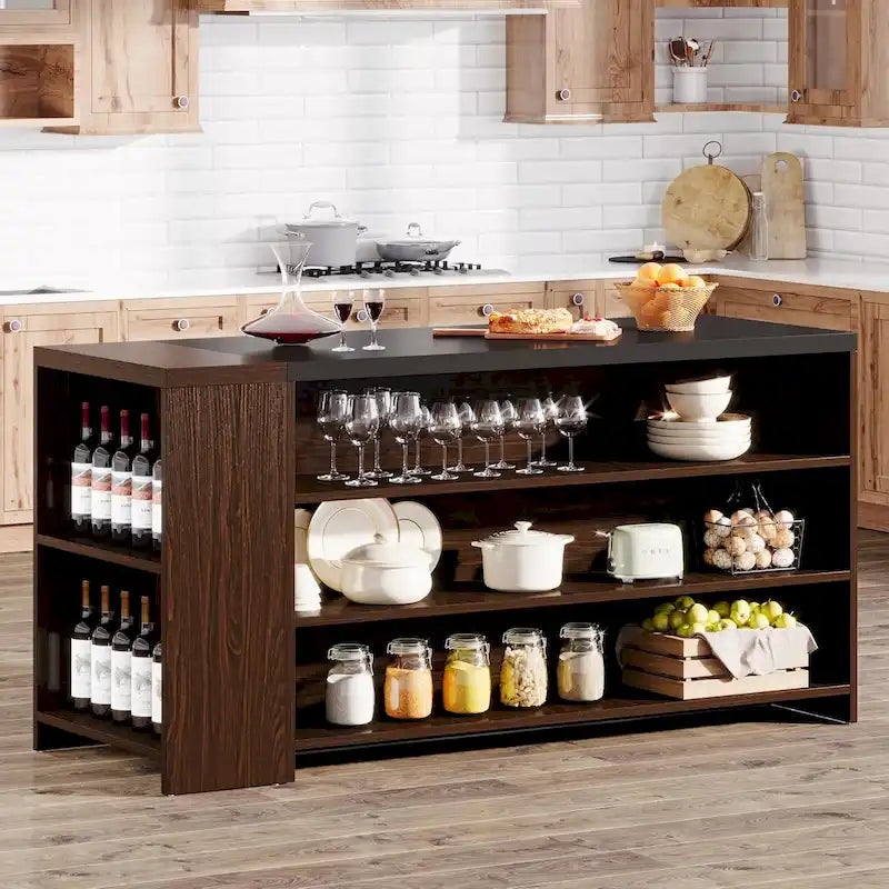 Isla de Cocina de Madera de 55" con Almacenamiento, Mesa de Isla Estacionaria de 5 Niveles con 5 Estantes