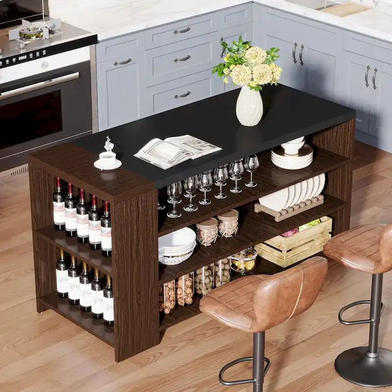 Isla de Cocina de Madera de 55" con Almacenamiento, Mesa de Isla Estacionaria de 5 Niveles con 5 Estantes