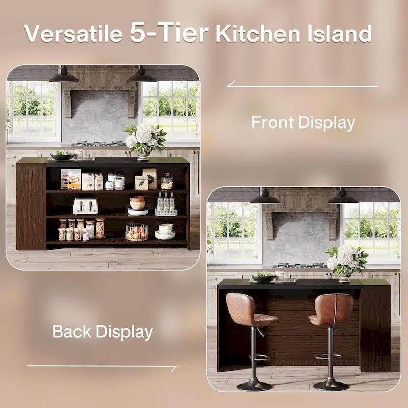 Isla de Cocina de Madera de 55" con Almacenamiento, Mesa de Isla Estacionaria de 5 Niveles con 5 Estantes