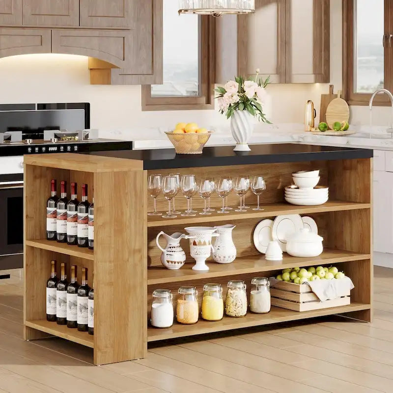 Isla de Cocina de Madera de 55" con Almacenamiento, Mesa de Isla Estacionaria de 5 Niveles con 5 Estantes