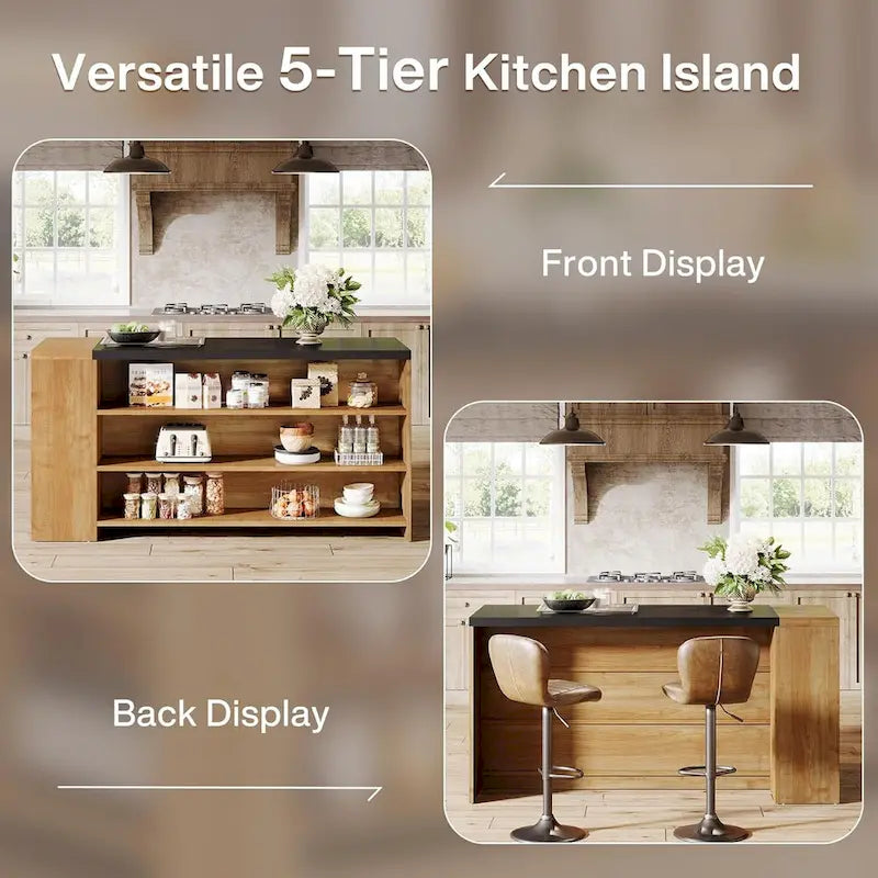 Isla de Cocina de Madera de 55" con Almacenamiento, Mesa de Isla Estacionaria de 5 Niveles con 5 Estantes