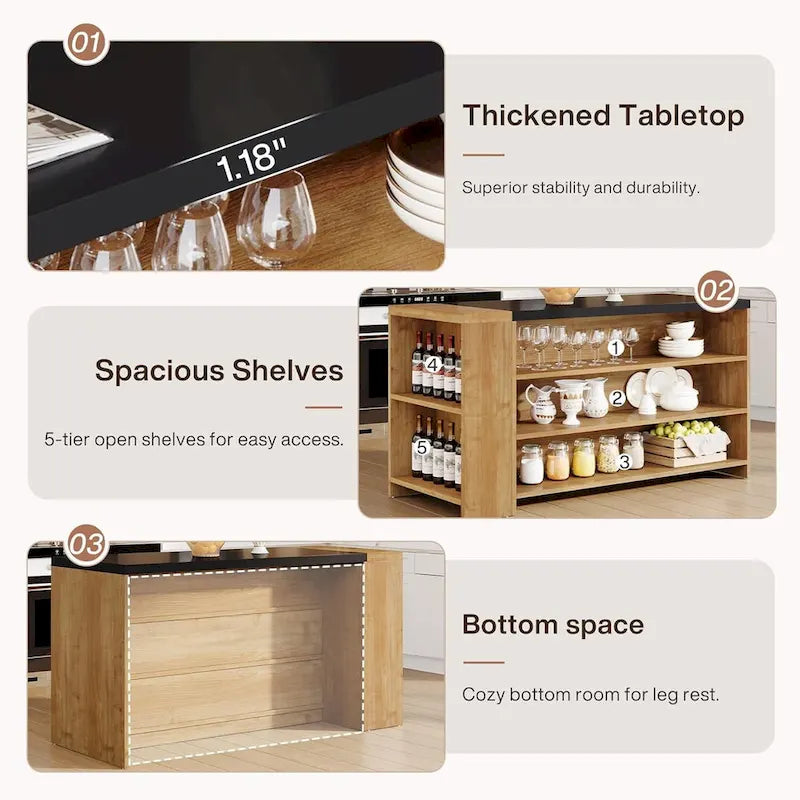 Isla de Cocina de Madera de 55" con Almacenamiento, Mesa de Isla Estacionaria de 5 Niveles con 5 Estantes